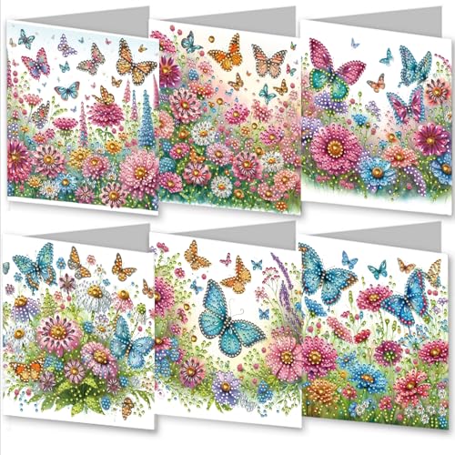 WOWDECOR Diamant-Kunst-Grußkarten-Set, bunte Blume und Schmetterling, 6 Stück, DIY-Diamant-Malkarten-Sets, 5D-Diamant-Kunst-Karten mit Umschlägen, Postkarten für Handarbeit von WOWDECOR