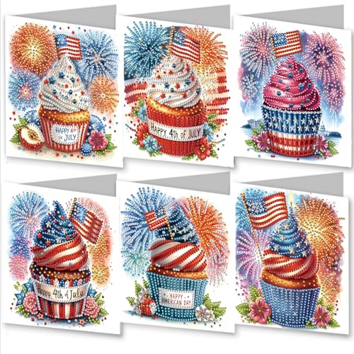 WOWDECOR Diamond Art Grußkarten Kit American Day Feuerwerk Cupcake, 6 Stück DIY Diamond Painting Karten Sets, 5D Diamond Art Happy Independence Day Karten mit Umschlägen, Postkarten für Handgemacht von WOWDECOR