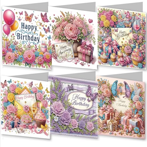 WOWDECOR Diamond Art Grußkarten Kit Blumenkranz Geburtstag, 6 Stück DIY Diamond Painting Karten Sets, 5D Diamond Art Happy Birthday Karten mit Umschlägen, Postkarten für Handgemacht von WOWDECOR