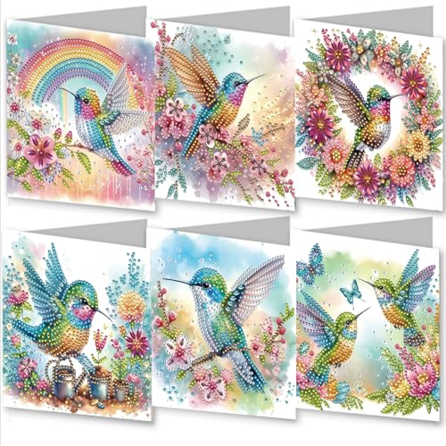 WOWDECOR Diamond Art Grußkarten Kit Kolibri Blume Regenbogen, 6 Stück DIY Diamond Painting Karten Sets, 5D Diamond Art Best Wishes Karten mit Umschlägen, Postkarten für Handgemacht von WOWDECOR