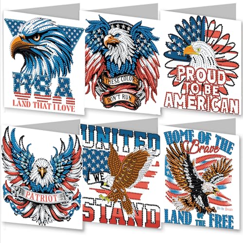 WOWDECOR Diamond Art Grußkarten Kit Patriotisches Weißkopfseeadler-Festival, 6 Stück DIY Diamant Malerei Karten Sets, 5D Diamond Art Happy Independence Day Karten mit Umschlägen, Postkarten für von WOWDECOR