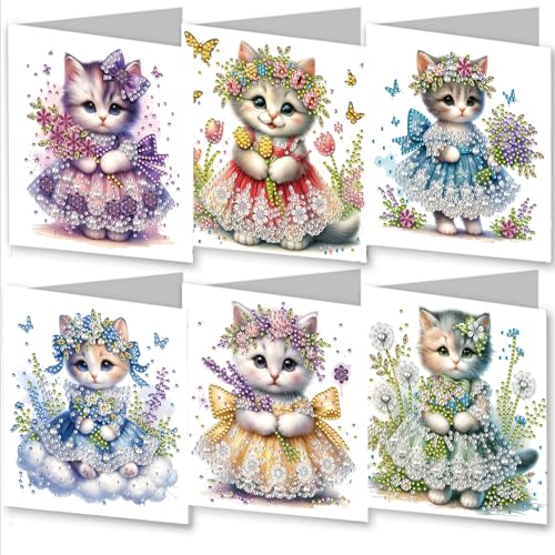 WOWDECOR Diamond Art Grußkarten Kit Süße Kätzchen Blume, 6 Stück DIY Diamant Malerei Karten Sets, 5D Diamond Art Best Wishes Day Karten mit Umschlägen, Postkarten für Handgemacht von WOWDECOR