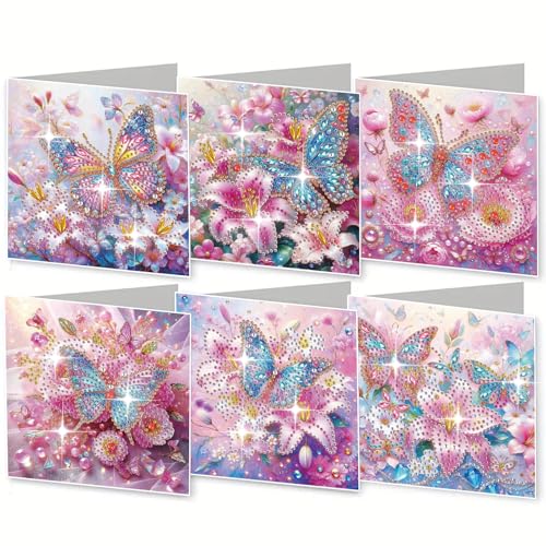WOWDECOR Diamond Art Grußkarten Kit Traumhafte Blume Schmetterling, 6 Stück DIY Diamant Malerei Karten Sets, 5D Diamond Art Best Wishes Karten mit Umschlägen, Postkarten für Handgemacht von WOWDECOR