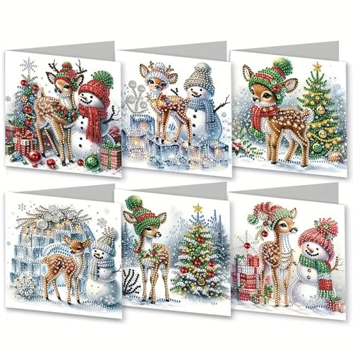 WOWDECOR Diamond Art Grußkarten Kit Weihnachten Rentier Schneemann, 6 Stück DIY Diamond Painting Karten Sets, 5D Diamant Kunst Weihnachtskarten mit Umschlägen, Postkarten für Handgemacht von WOWDECOR