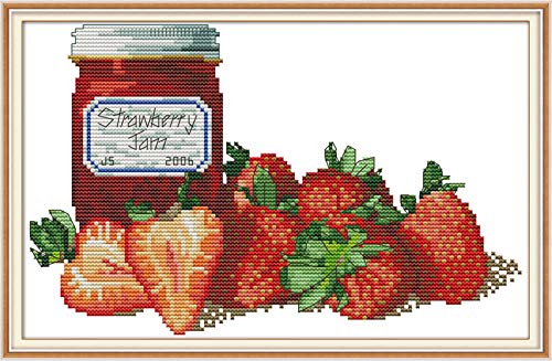 WOWDECOR Kreuzstich-Stickerei-Set für Erwachsene und Kinder, Erdbeere, Früchte, Marmelade, 11 Ct, geprägt DIY DMC Nadelarbeit für Anfänger von WOWDECOR