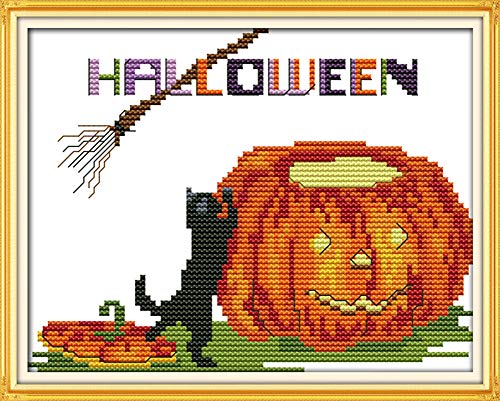 WOWDECOR Kreuzstich-Stickerei-Starter-Set, Halloween, schwarze Katze, Kürbis, 11-fädig, gestempelt, DIY, DMC-Handarbeit, einfache Anfänger von WOWDECOR