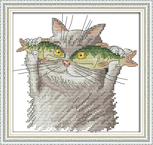 WOWDECOR Kreuzstich-Stickerei-Starter-Set, Motiv: Katze, Fische, Tiere, 11 Karat, geprägt, DIY, DMC Nadelarbeit, einfache Anfänger von WOWDECOR