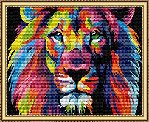 WOWDECOR Kreuzstich-Stickerei-Starter-Set, bunte Löwen-Tiere, 11-fädig, gestempelt, DIY DMC-Handarbeit, einfache Anfänger von WOWDECOR