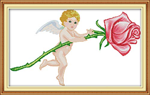 WOWDECOR Kreuzstich-Stickerei-Starter-Set, kleine Engel-Rose, Blumen, 11-fädig, gestempelt, DIY DMC-Handarbeit, einfache Anfänger von WOWDECOR