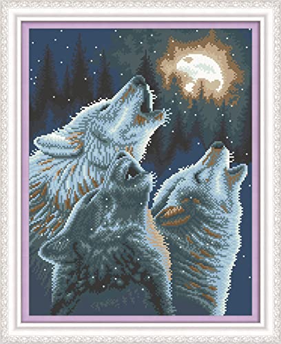 WOWDECOR Kreuzstich-Stickset für Erwachsene und Kinder, drei Wölfe, heulende Mondbäume, 11 Karat, geprägt, DIY, DMC Nadelarbeit, einfache Anfänger von WOWDECOR