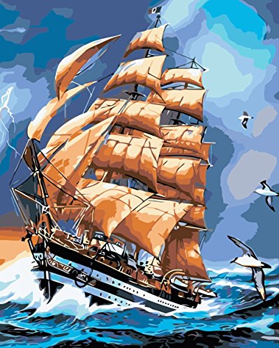 WOWDECOR Malen nach Zahlen Kits Geschenk für Erwachsene Kinder, DIY Ölgemälde Home Haus Dekor - Kriegsschiff Segeln Möwe Meer Aussicht 16 x 20 Zoll (Z17, Ohne Rahmen) von WOWDECOR