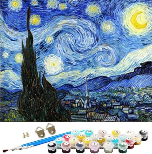 WOWDECOR Malen nach Zahlen Kits für Erwachsene Kinder, DIY Zahlenmalerei – Sternennacht von Van Gogh Schöner Himmel 40 x 50 cm geprägte Leinwand (ohne Rahmen) von WOWDECOR