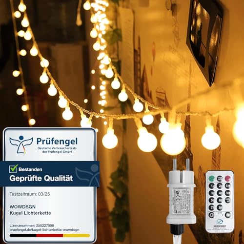 WOWDSGN Kugel Lichterkette, 100 LEDs 10m Dimmbar, Partylichterkette mit Stecker für Innen und Außen, 8 Leuchtmode, Enegiesparend, ideal für Weihnachten, Hochzeit, Party, Garten, Warmweiß von WOWDSGN