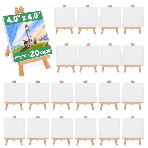 20 Stück Mini Staffelei mit Leinwand, Mini Staffelei aus Holz, Mini Leinwand 10 x 10 cm, Klein Tischstaffelei, Faltbarer Dreieckiger Ständer Tischdeko für Kindermalerei, DIY von WOWOSS