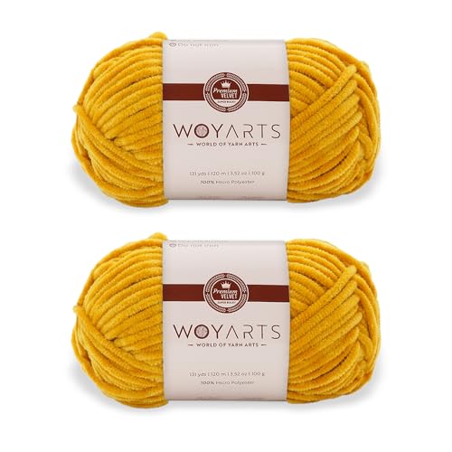 Woyarts 2er-Pack Samtgarn - Super Bulky Chunky Chenille Garn zum Häkeln & Stricken (2x100g) - Dick, flauschig & weich - Perfekt für Babydecke, Amigurumi, Plüschprojekte (B-Senf, 2 Knäuel) von WOYARTS