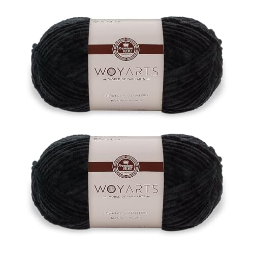 Woyarts Samtgarn – Super sperriges Chenille-Garn zum Häkeln und Stricken, 2er-Pack (2 x 100 g/2 x 120 m), butterweich, langlebig, kein Fusseln, perfekt für Babydecke, Amigurumi (B-Schwarz, 2 Knäuel) von WOYARTS