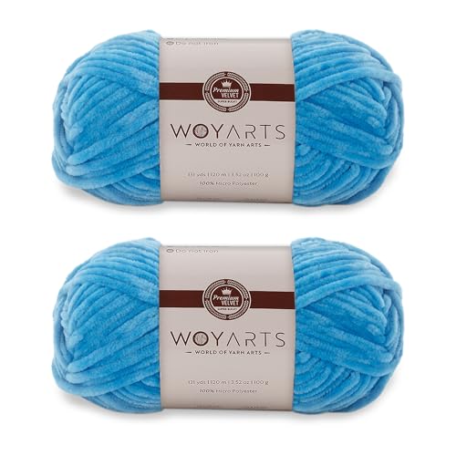 Woyarts Samtgarn – Super sperriges Chenille-Garn zum Häkeln und Stricken, 2er-Pack (2 x 100 g/2 x 120 m), butterweich, langlebig, kein Fusseln, perfekt für Babydecke, Amigurumi (E-Blue, 2 Knäuel) von WOYARTS