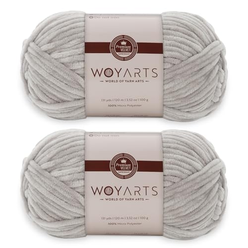 Woyarts Samtgarn – Super sperriges Chenille-Garn zum Häkeln und Stricken, 2er-Pack (2 x 100 g/2 x 120 m), butterweich, langlebig, kein Schuppen, perfekt für Babydecke, Amigurumi (E-Bright Grey, 2 von WOYARTS