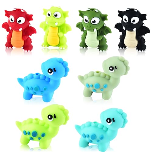 WOZADU 3D-Dinosaurier-Silikon-Fokal-Perlen für Stifte, Tier-Fokal-Perlen für Schlüsselanhänger, Armbänder, Halsketten, handgefertigtes Bastelzubehör, 8 Stück WOZADU 3D-Dinosaurier-Silikon-Fokal-Perlen für Stifte, Tier-Fokal-Perlen für Schlüsselanhänger, Armbänder, Halsketten, handgefertigtes Bastelzubehör, 8 Stück von WOZADU