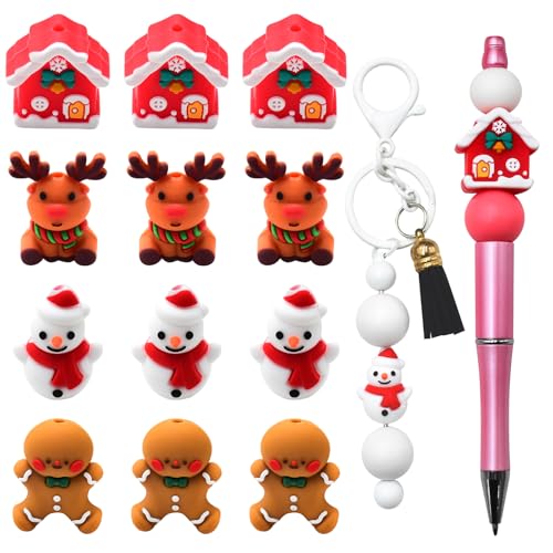 WOZADU 3D-Silikonperlen für Schlüsselanhängerherstellung, 12 Stück Weihnachts-Silikonperlen für Stift, lose Perlen für Armband, Halskette, Schlüsselband, Schmuck und handgefertigte Bastelarbeiten von WOZADU