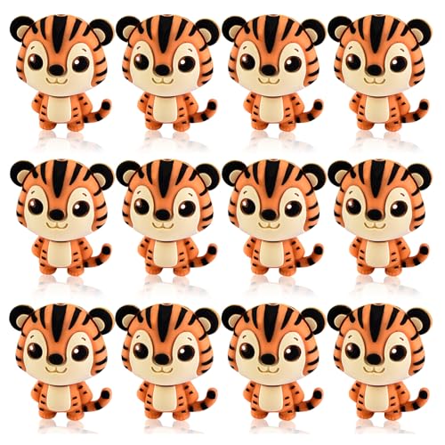 WOZADU 3D-Tiger-Silikon-Fokal-Perlen für Stifte, Tier-Fokal-Perlen für Schlüsselanhänger, Armbänder, Halsketten, handgefertigtes Bastelzubehör, 12 Stück von WOZADU