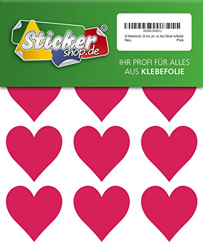 24 Klebeherzen, 50 mm, pink, aus PVC Folie, wetterfest, Herz Sticker Aufkleber von WP Sticker