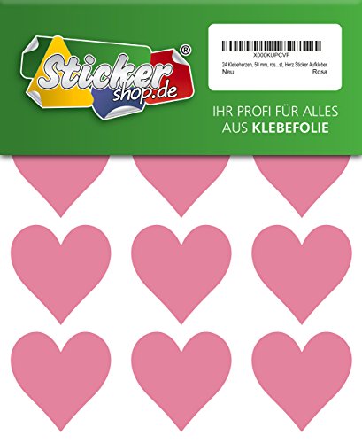 24 Klebeherzen, 50 mm, rosa, aus PVC Folie, wetterfest, Herz Sticker Aufkleber von WP Sticker