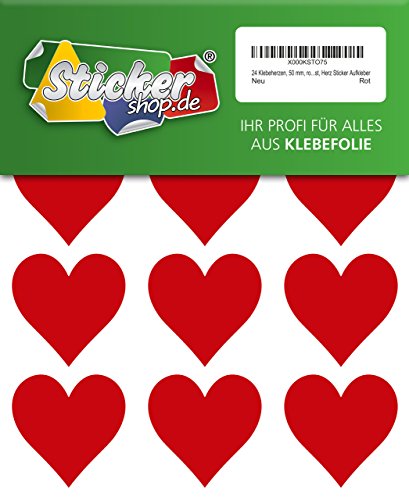 24 Klebeherzen, 50 mm, rot, aus PVC Folie, wetterfest, Herz Sticker Aufkleber von WP Sticker