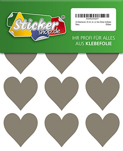 24 Klebeherzen, 50 mm, silber, aus PVC Folie, wetterfest, Herz Sticker Aufkleber von WP Sticker