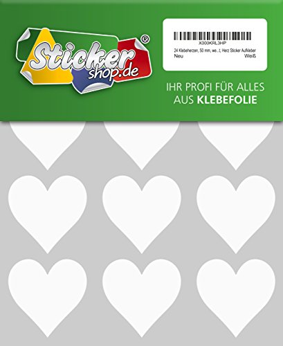 24 Klebeherzen, 50 mm, weiß, aus PVC Folie, wetterfest, Herz Sticker Aufkleber 24 Klebeherzen, 50 mm, weiß, aus PVC Folie, wetterfest, Herz Sticker Aufkleber von WP Sticker