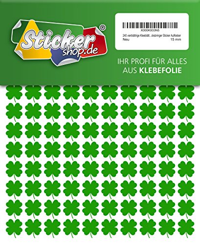240 vierblättrige Kleeblätter, 15 mm, aus PVC Folie, selbstklebend, wetterfest, Glücksbringer Sticker Aufkleber von WP Sticker