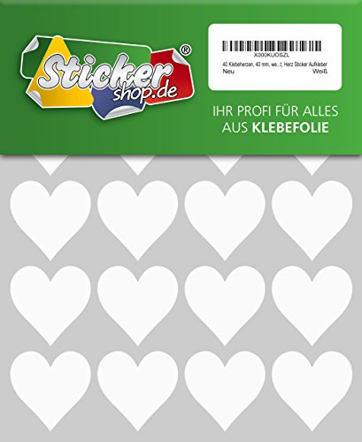 40 Klebeherzen, 40 mm, weiß, aus PVC Folie, wetterfest, Herz Sticker Aufkleber von WP Sticker