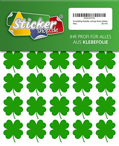 60 vierblättrige Kleeblätter, 30 mm, aus PVC Folie, selbstklebend, wetterfest, Glücksbringer Sticker Aufkleber von WP Sticker