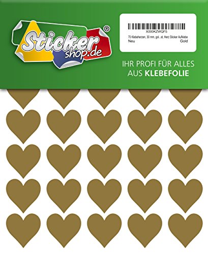 70 Klebeherzen, 30 mm, gold, aus PVC Folie, wetterfest, Herz Sticker Aufkleber von WP Sticker
