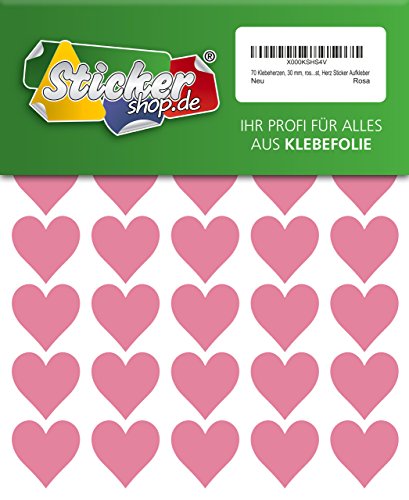 70 Klebeherzen, 30 mm, rosa, aus PVC Folie, wetterfest, Herz Sticker Aufkleber von WP Sticker