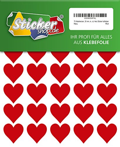 70 Klebeherzen, 30 mm, rot, aus PVC Folie, wetterfest, Herz Sticker Aufkleber von WP Sticker