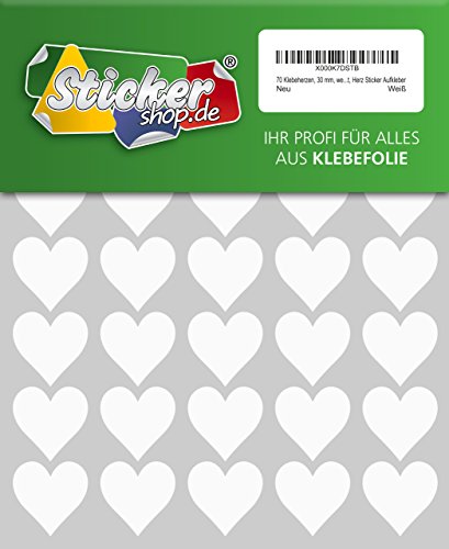 70 Klebeherzen, 30 mm, weiß, aus PVC Folie, wetterfest, Herz Sticker Aufkleber 70 Klebeherzen, 30 mm, weiß, aus PVC Folie, wetterfest, Herz Sticker Aufkleber von WP Sticker