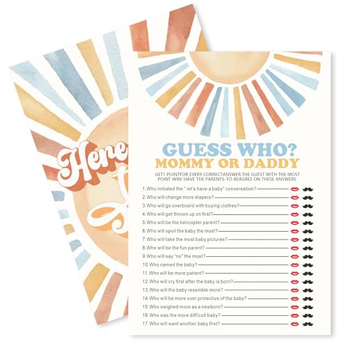 WPBRU Sunshine A06 Spielkarten zum Ausfüllen für Babypartys – Here Comes The Son – Spiel für Mama oder Papa für Jungen – Baby-Ankündigung, Geschlechtsoffenbarung, Babyparty-Aktivitäten für werdende von WPBRU