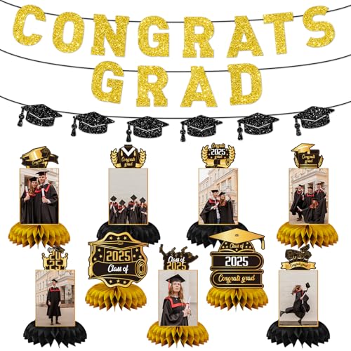 Abschlussdekorationen, Klasse 2025, 11 Stück Congrats Grade Banner und Tischfoto-Mittelstück, Congratulate Graduation Honeycomb Tischdekoration für Abschlussfeier Abschlussdekorationen, Klasse 2025, 11 Stück Congrats Grade Banner und Tischfoto-Mittelstück, Congratulate Graduation Honeycomb Tischdekoration für Abschlussfeier von WPDISCZ