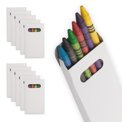 WPRO Wachsmalstifte Kinder Mini – 10 Sets mit je 6 Farben, ideal als Mitgebsel zum Kindergeburtstag, Gastgeschenk für Praxis, Restaurant oder Schule | Farbstifte Jungen Mädchen | Kartonbox weiß von WPRO