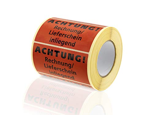 WPTrading - 1000 Warnetiketten"Achtung! Rechnung/Lieferschein inliegend" 145 x 76 mm in Rot (9) - Selbstklebende Versandaufkleber auf Rolle - Paket- und Versandetiketten zur Kennzeichnung von Waren von WPTrading