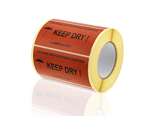WPTrading - 1000 Warnetiketten"Vor Nässe und Feuchtigkeit schützen - Keep Dry !" 145 x 76 mm in Rot (11) - Selbstklebende Versand- & Paketaufkleber auf Rolle - Versand-Etiketten zur Kennzeichnung von WPTrading