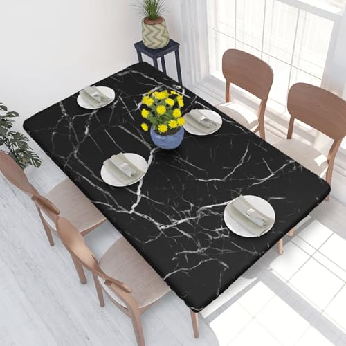 Tischdecke mit Marmor-Druck, mit elastischem Rand, wasserabweisend, für Küche, Esszimmer, Party, Picknick, dekorative Stoff-Tischdecke, 122 x 76 cm, Schwarz von WPUTY