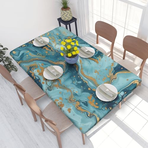 Tischdecke mit Ölmarmor-Muster, Azurit, Blaugrün und Folie, goldfarben, mit elastischem Rand, wasserabweisend, für Küche, Esszimmer, Party, Picknick, dekorative Stoff-Tischdecke, 122 x 76 cm von WPUTY