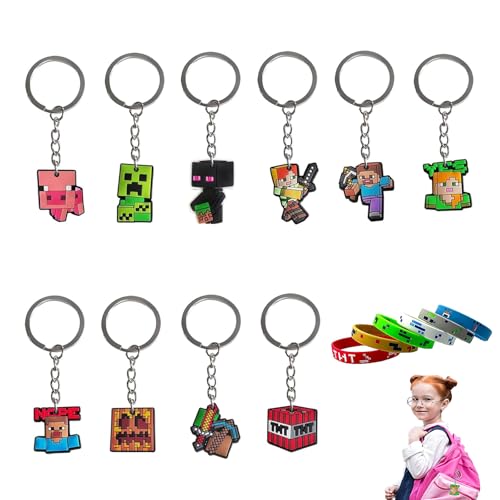 WQEDVN 16 Stück Kinder-Schlüsselanhänger für Jungen, Gaming-Schlüsselanhänger für Schultasche, für Jungen und Mädchen (10 Schlüsselanhänger + 6 Gummi-Armband) von WQEDVN