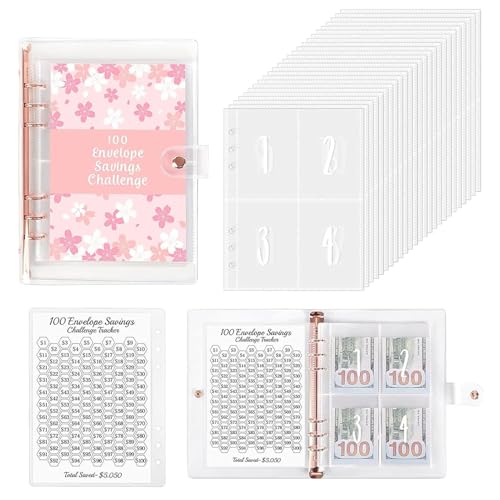 100 Envelope Saving Challenge Deutsch,Sparbuch Für Geld Challenge, A5 Ringbuch Sparen Organizer Geld Mit Challengers Tracker & Pre-Numbered Taschen, Für Budgetplaner, Schule, Zuhause (Rosa) von WQNNQW
