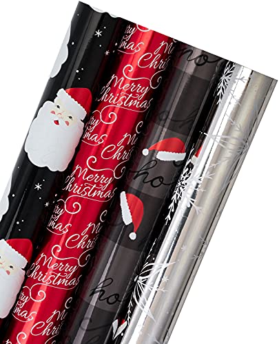 WRAPAHOLIC 76,2 cm Weihnachts-Geschenkpapierrolle – Jumbo-Rolle schwarz und rot, Retro HO HO Weihnachtsmann, silberne Schneeflocke, Urlaubskollektion mit Metallic-Folienglanz, 4 Rollen, 76,2 x 308,5 von WRAPAHOLIC