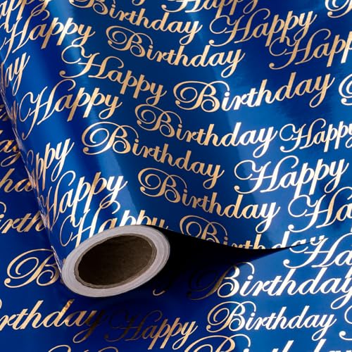 WRAPAHOLIC Wendbares Geburtstags-Geschenkpapier – Mini-Rolle – 43 cm x 90 cm – blaue und goldene Folie "Happy Birthday"-Schriftzug Design für Geburtstag, Urlaub, Party, Babyparty WRAPAHOLIC Wendbares Geburtstags-Geschenkpapier – Mini-Rolle – 43 cm x 90 cm – blaue und goldene Folie "Happy Birthday"-Schriftzug Design für Geburtstag, Urlaub, Party, Babyparty von WRAPAHOLIC