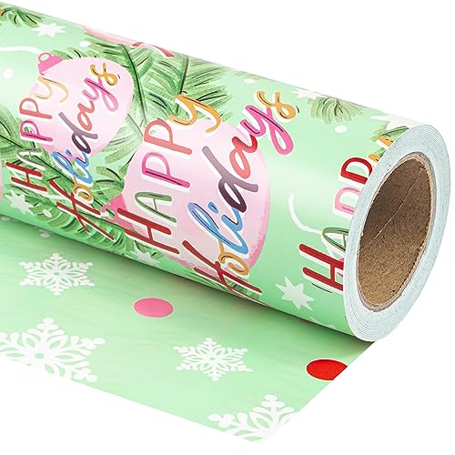 WRAPAHOLIC Wendbares Weihnachts-Geschenkpapier – Mini-Rolle – 43 cm x 90 cm – Happy Holiday-Schriftzug mit Weihnachtskugel-Design für Weihnachten, Urlaub, Party von WRAPAHOLIC