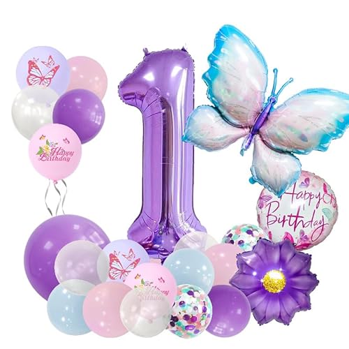 22 Stück Blau Lila Folienballon Schmetterling Blume Zahlen Ballon Set Kinder Party Dekorationen für Geburtstag Motto Feier Familienfeier von WREWING